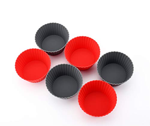  12 Pack Reusable Nonstick Jumbo Silicone Baking Cups, Cupcake And Muffin Liners, 3.8 Inch Large Size, Red And Gray Colors, Round