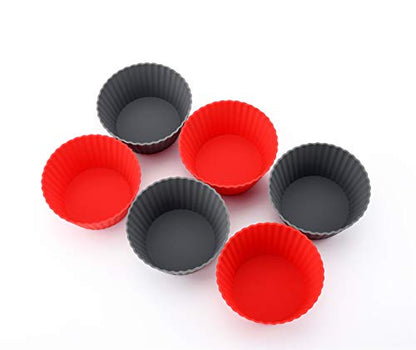  12 Pack Reusable Nonstick Jumbo Silicone Baking Cups, Cupcake And Muffin Liners, 3.8 Inch Large Size, Red And Gray Colors, Round