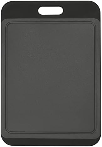  Cutting Board Plastic With Juice Grooves And One-Piece Non-Slip Silicone Handles, 14 X 9.5 X 0.4 Inch Kitchen Chopping Board, Dishwasher Safe BPA Free (Black+Grey)