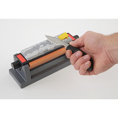 Smith's ’s TRI6 Arkansas Tri-Hone Stone Sharpening System Grey 6” Fine, Medium, & Coarse Stones 3-Way Honing Nonslip Rubber Feet Restore Tools, Hunting, Kitchen, Fishing & Pocket Knives