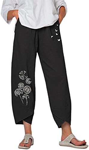  Capri Pants For Women Plus Size Cotton Linen Pockets Wide Leg Trousers Graffiti Print Relex Fit Beach Cropped Pants
