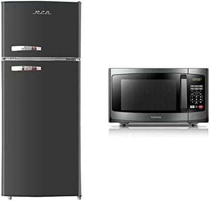 RCA RFR786-BLACK 2 Door Apartment Size Refrigerator With Freezer, 7.5 Cu. Ft, Retro Black & TOSHIBA EM131A5C-SS Countertop Microwave Oven, 1.2 Cu Ft With 12.4" Turntable, 1100W
