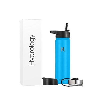 Ydrology Water Bottle - 18 Oz, 22 Oz, 32 Oz, 40 Oz, Or 64 Oz With 3 LIDS Double Wall Vacuum Insulated Stainless Steel Wide Mouth Sports Hot & Cold Thermos (22 Oz, Pacific Blue)