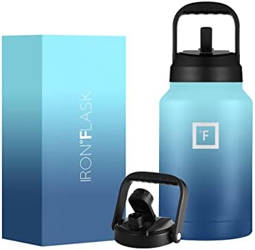  Ports Water Bottle - 128 Oz/One Gallon, 2 Lids, Straw And Spout, Leak Proof, Vacuum Insulated Stainless Steel, Hot Cold, Double Walled, Simple Thermo Mug, Metal Canteen Jug Growler