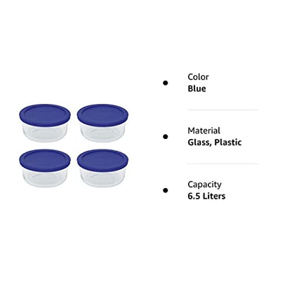 Pyrex Storage 4 Cup Round Dish, Clear With Blue Lid, Pack Of 4 Containers