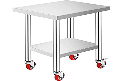  30x18x34 Inch Stainless Steel Work Table 3-Stage Adjustable Shelf With 4 Wheels Heavy Duty Commercial Food Prep Worktable With Brake For Kitchen Prep Work