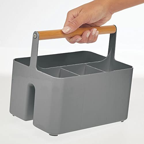  MDesign Plastic Portable Storage Organizer Kitchen Caddy Tote, Divided Bin With Wood Handle For Napkins, Silverware, Forks, Knives, Spoons - Store In Cabinets, Countertops - Charcoal Gray/Natural