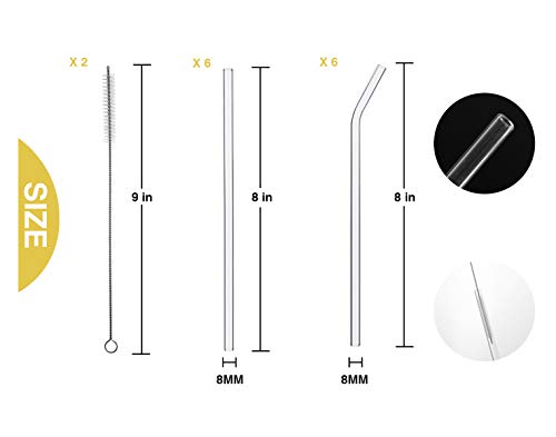  8"x8mm Long Reusable Glass Straws, Clear Drinking Straws For Smoothie, Milkshakes, Tea, Juice-12 Pack Including 6 Straight And 6 Bent With 2 Cleaning Brush, Perfect For Hot Or Cold Drinks