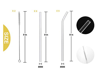  8"x8mm Long Reusable Glass Straws, Clear Drinking Straws For Smoothie, Milkshakes, Tea, Juice-12 Pack Including 6 Straight And 6 Bent With 2 Cleaning Brush, Perfect For Hot Or Cold Drinks