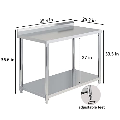  Stainless Steel Table For Prep & Work 40 X 25 Inches, Heavy Duty Commercial Work Table With Undershelf And Backsplash, Metal Prep Table For Outdoor, Indoor, Commercial Restaurant, Kitchen, Cafe, Hotel
