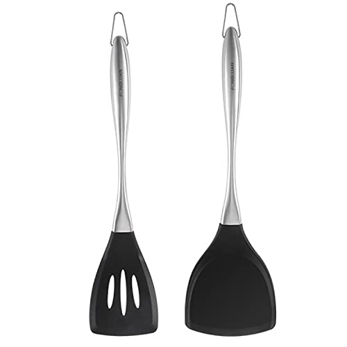  2-Piece Silicone Turner/Spatula Set Stainless Steel Handles Kitchen Spatulas Nonstick Cookware For Cooking & Serving Heat-Resistant BPA Free Cooking Utensils Black