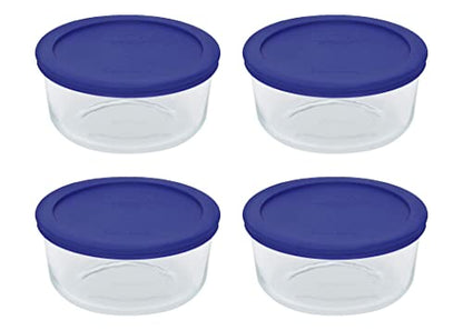 Pyrex Storage 4 Cup Round Dish, Clear With Blue Lid, Pack Of 4 Containers