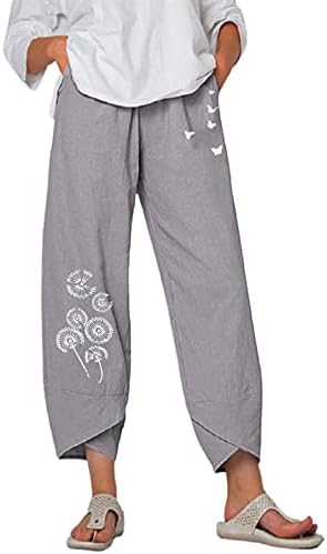  Capri Pants For Women Plus Size Cotton Linen Pockets Wide Leg Trousers Graffiti Print Relex Fit Beach Cropped Pants
