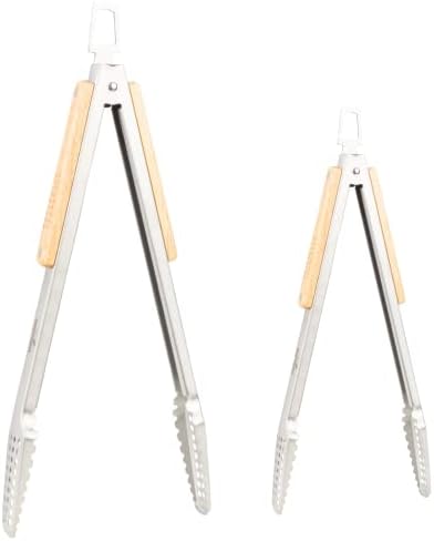  16" BBQ Grill Tongs – Kitchen & Extra Long Grilling Tongs, Stainless Steel With Durable Oak Handles, Metal Tongs For Cooking, Barbecue Tongs, Ergonomic Design