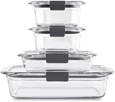 Rubbermaid 8-Piece Brilliance Glass Food Storage Containers With Lids For Lunch, Meal Prep, And Leftovers, Dishwasher And Oven Safe, Clear/Grey