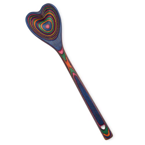  Eart Shaped Rainbow Pakkawood Wooden Spoon – Country Kitchen Vintage Wood Utensil - Colorful Handcrafted Pakka Cooking Serving Mixing Spoon - Unique Gift Idea