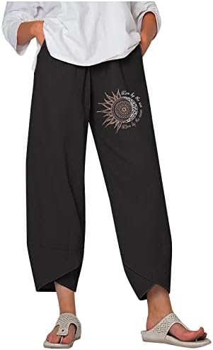  Capri Pants For Women Plus Size Cotton Linen Pockets Wide Leg Trousers Graffiti Print Relex Fit Beach Cropped Pants