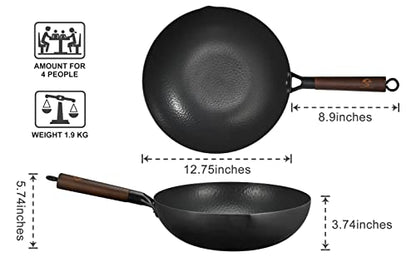  Wok Pan 12.5” Carbon Steel Woks & Stir-Fry Pans Flat Bottom Wok With Lid And Spatula, No Chemical Coated Non-Stick Wok For Electric, Induction And Gas Stoves