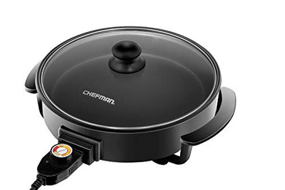  RJ05-12-RO 1400 Watt Electric Skillet 12 Inch Round Frying Pan With Non Stick Coating And Tempered Glass Lid, Black