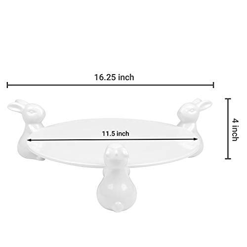  Decorative White Ceramic Cake Stand With Rabbit Design, 16-Inch Dessert Serving Tray