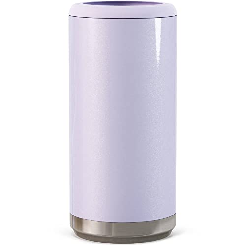  Skinny Can Cooler For Slim Beer & Hard Seltzer | Stainless Steel 12oz Sleeve, Double Wall Vacuum Insulated Drink Holder - Glitter Lilac