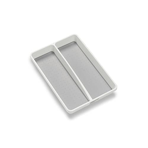  Mini 2-Compartment Plastic Utensil Tray For Drawers, Multipurpose Storage Tray Drawer Organizer, White
