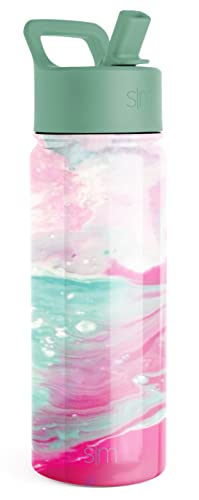  Kids Water Bottle With Straw Lid | Insulated Stainless Steel Reusable Tumbler For Toddlers, Girls, Boys | Summit Collection | 18oz, Pink Ocean Geode