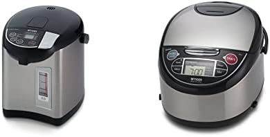 TIGER PDU-A30U-K Electric Water Boiler And Warmer, Stainless Black, 3.0-Liter & Micom Rice Cooker With Food Steamer & Slow Cooker, Stainless Steel Black