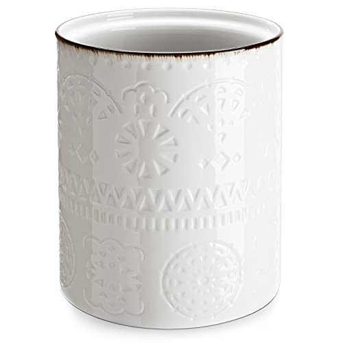  Kitchen Utensil Holder, 7.2”Extra Large Farmhouse Utensil Holders For Countertop, White Ceramic Utensil Crock, Anti Slip & Scratch Cork Bottom, Utensil Holder For Kitchen Counter