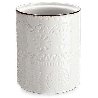  Kitchen Utensil Holder, 7.2”Extra Large Farmhouse Utensil Holders For Countertop, White Ceramic Utensil Crock, Anti Slip & Scratch Cork Bottom, Utensil Holder For Kitchen Counter