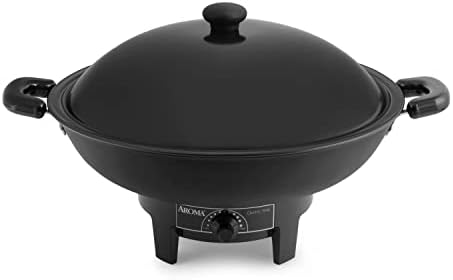  EW-306 Electric Wok With Tempered Glass Lid Easy Clean Nonstick, Cooking Chopsticks, Tempura And Steaming Racks, Professional Model, Black