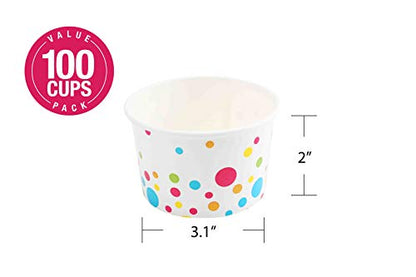  Paper Ice Cream Cups (Polka Dots Design) - 100-Count - 8 Oz Disposable Dessert Bowls For Hot Or Cold Food, 8-Ounce Party Supplies Treat Cups For Sundae, Frozen Yogurt, Soup, White