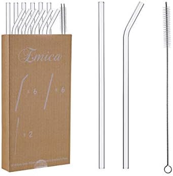  8"x8mm Long Reusable Glass Straws, Clear Drinking Straws For Smoothie, Milkshakes, Tea, Juice-12 Pack Including 6 Straight And 6 Bent With 2 Cleaning Brush, Perfect For Hot Or Cold Drinks