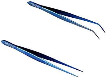  Reme Blue Stainless Steel Precision Kitchen Culinary Fine-Tip Tweezer Tongs, 1 With Curved Tip And 1 With Straight Tip