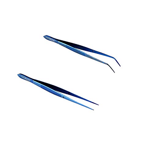  Reme Blue Stainless Steel Precision Kitchen Culinary Fine-Tip Tweezer Tongs, 1 With Curved Tip And 1 With Straight Tip