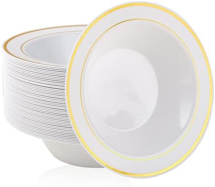  50PCS Plastic Bowls With Gold Rim-12oz Disposable Soup Bowls, Christmas Thanksgiving Premium Dessert Salad Bowls For Wedding/Party