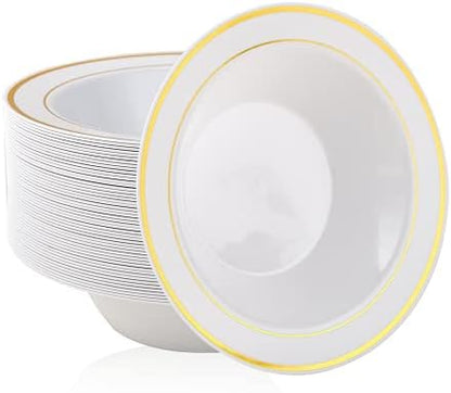  50PCS Plastic Bowls With Gold Rim-12oz Disposable Soup Bowls, Christmas Thanksgiving Premium Dessert Salad Bowls For Wedding/Party