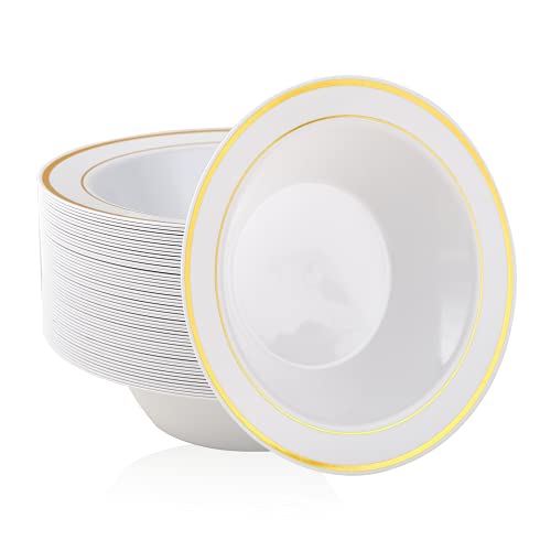  50PCS Plastic Bowls With Gold Rim-12oz Disposable Soup Bowls, Christmas Thanksgiving Premium Dessert Salad Bowls For Wedding/Party