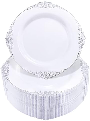  100pcs Silver Plastic Plates & White With Silver Disposable Plates & 7.5inch Silver Disposable Dessert Plates-Perfect For Christmas & Wedding & Party