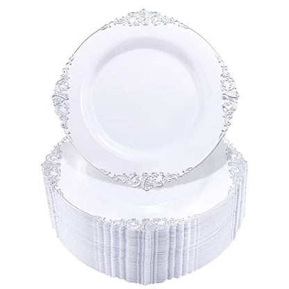  100pcs Silver Plastic Plates & White With Silver Disposable Plates & 7.5inch Silver Disposable Dessert Plates-Perfect For Christmas & Wedding & Party