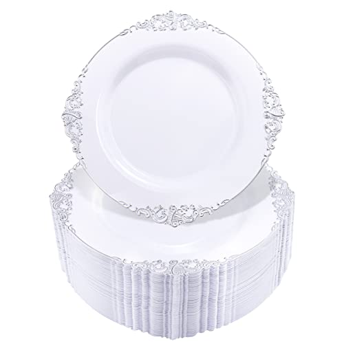  100pcs Silver Plastic Plates & White With Silver Disposable Plates & 7.5inch Silver Disposable Dessert Plates-Perfect For Christmas & Wedding & Party