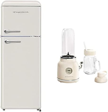 FRIGIDAIRE EFR756-CREAM EFR756, 2 Door Apartment Size Retro Refrigerator With Top Freezer, Chrome Handles, 7.5 Cu Ft, Cream & ESMM100-CREAM Retro Smoothie Maker Blender With Mason Jar, Cream