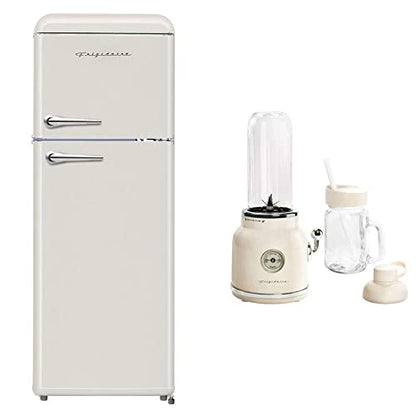 FRIGIDAIRE EFR756-CREAM EFR756, 2 Door Apartment Size Retro Refrigerator With Top Freezer, Chrome Handles, 7.5 Cu Ft, Cream & ESMM100-CREAM Retro Smoothie Maker Blender With Mason Jar, Cream
