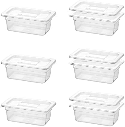  BIEAMA 6 Pack Food Pans With Lids, 1/6 Size 4'' Deep, Polycarbonate, Clear