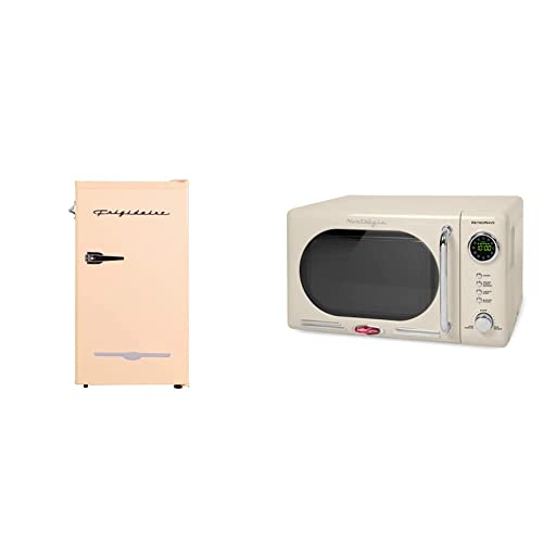 FRIGIDAIRE EFR376-CORAL Retro Bar Fridge Refrigerator With Side Bottle Opener, 3.2 Cu. Ft, Coral & Nostalgia Retro Compact Countertop Microwave Oven 0.7 Cu. Ft. 700-Watts With LED Digital Display