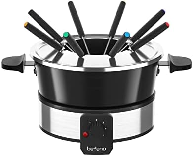  Befano Stainless Steel Fondue Pot With Temperature Control, Forks, Cups, And Rack, 2-Quart, Non-Stick, Perfect For Chocolate, Cheese, Caramel, Marshmallows, Great For Valentine's Day