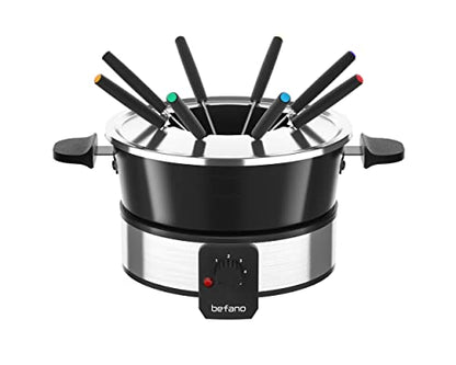  Befano Stainless Steel Fondue Pot With Temperature Control, Forks, Cups, And Rack, 2-Quart, Non-Stick, Perfect For Chocolate, Cheese, Caramel, Marshmallows, Great For Valentine's Day