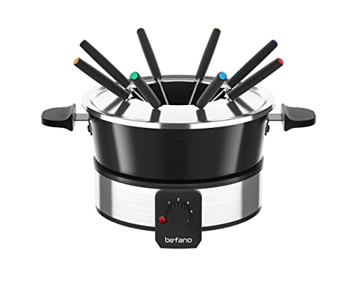  Befano Stainless Steel Fondue Pot With Temperature Control, Forks, Cups, And Rack, 2-Quart, Non-Stick, Perfect For Chocolate, Cheese, Caramel, Marshmallows, Great For Valentine's Day