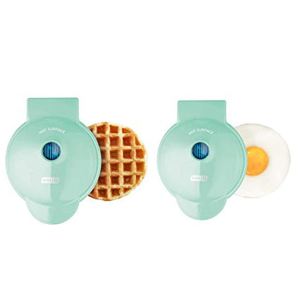 Dash Ash DMSW002AQ Mini Maker, 2-Pack Griddle + Waffle Iron, 2 Pack, Aqua & Mini Donut Maker Machine For Kid-Friendly Breakfast, Snacks, Desserts & More With Non-stick Surface, Makes 7 Doughnuts - Aqua