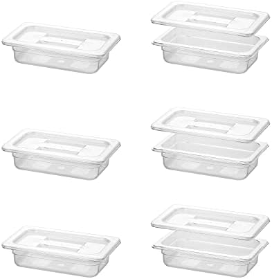  BIEAMA 6 Pack Food Pans With Lids, 1/6 Size 4'' Deep, Polycarbonate, Clear